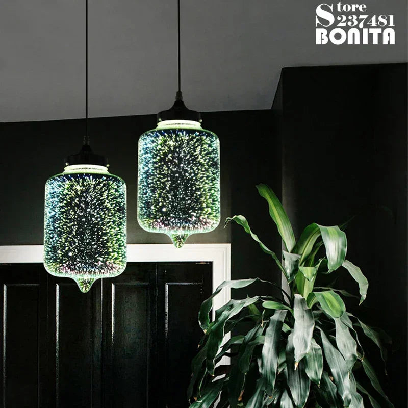 3D Glass Fireworks Pendant Lamps Modern Simple Pendant Light for Dining Room Bar Laser Starry Sky Light and Shadow Chandelier