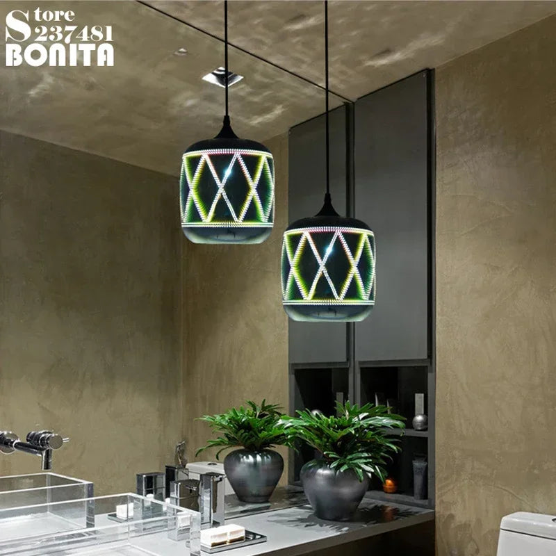 3D Glass Fireworks Pendant Lamps Modern Simple Pendant Light for Dining Room Bar Laser Starry Sky Light and Shadow Chandelier