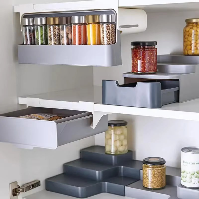 Kitchen Spice Rack Self-Adhesive Wall-Mounted Under-Shelf Seasoning Bottle Storage Rack Spice Organizer Kitchen Storage Rack