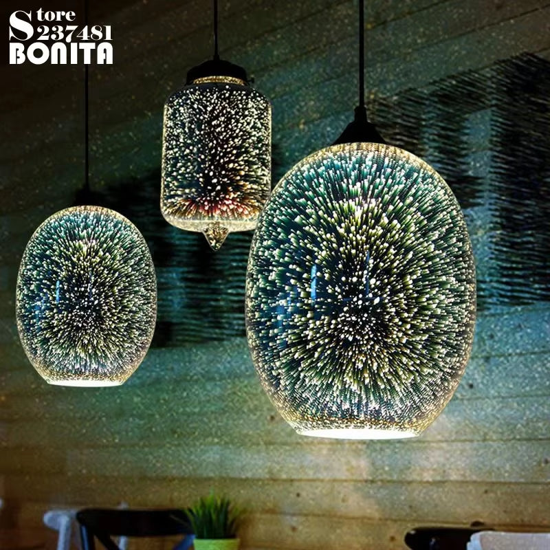 3D Glass Fireworks Pendant Lamps Modern Simple Pendant Light for Dining Room Bar Laser Starry Sky Light and Shadow Chandelier