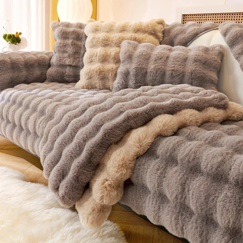 Thicken Imitation Rabbit Fur Plush Sofa Slipcover Non-Slip Soft Sofa Towel Couch Cushion for Living Room Modern Home Decor